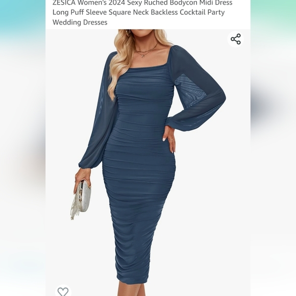 Sexy Ruched Bodycon Midi dress in blue with long Puff sleeve square neck size XL - Picture 1 of 6